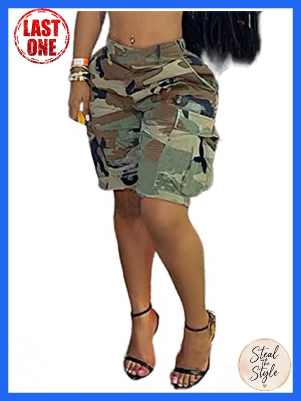 Women's Camo Cargo Shorts Army Fatigue High Waisted Casual Summer
